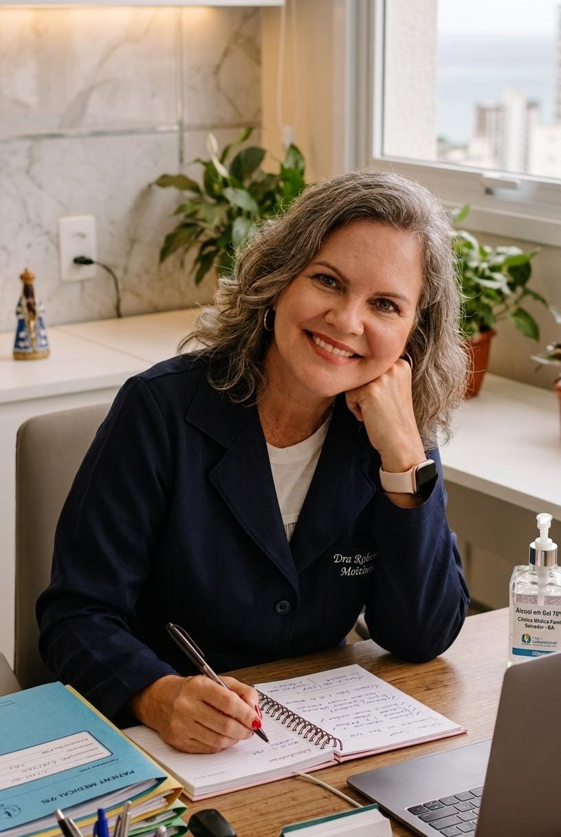 Dra. Roberta em seu consultório, ambiente acolhedor para consulta